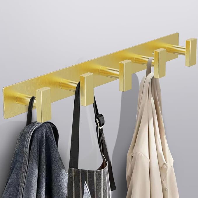 Bntuk Coat Rack Wall Mount - 5 Hat and Coat Hooks, Heavy Duty Towel Racks for Bathroom Entryway, Wall Hooks for Hanging Robes Bags, Hat Rack Key Hanger Organizer (Gold)