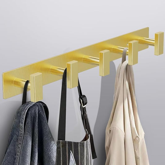 Bntuk Coat Rack Wall Mount - 5 Hat and Coat Hooks, Heavy Duty Towel Racks for Bathroom Entryway, Wall Hooks for Hanging Robes Bags, Hat Rack Key Hanger Organizer (Gold)