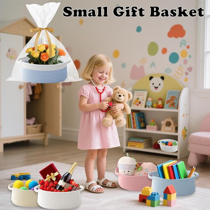 Woven Rope Basket - Baby Gift Basket with Bag & Ribbon, White&Blue | Cotton rope with handle, 12 x 8 x 5 in, gift bag and ribbon, for baby shower, birthday, toy storage, nursery, shelf decor