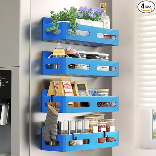 Sevenblue 4-Pack Magnetic Spice Rack for Refrigerator with Hooks, Blue | Strong multipurpose magnetic shelf for kitchen & bathroom organization. Includes 4 removable hooks for hanging items.
