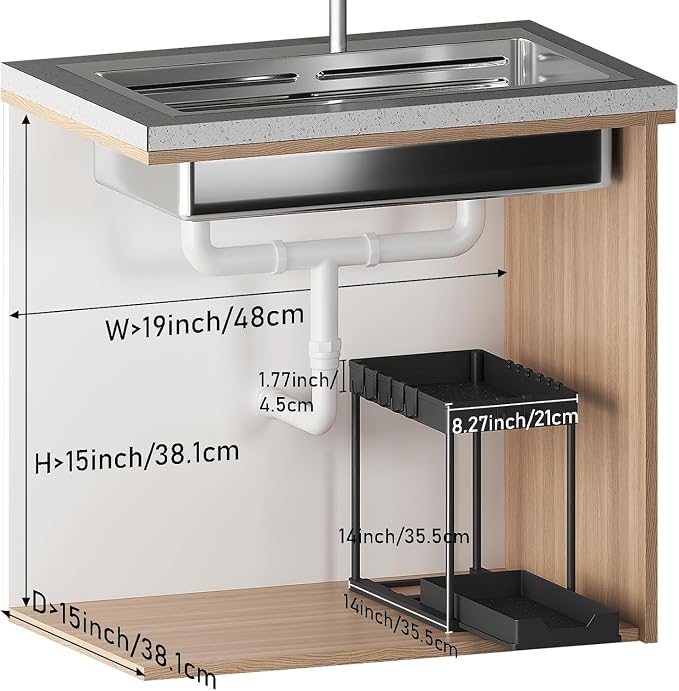 2 Pack black Under Sink Organizers and Storage, 2-Tier Sliding Cabinet Basket Organizer with Hooks, Multi-Purpose Under Sink Organizers and Storage for Bathroom Kitchen