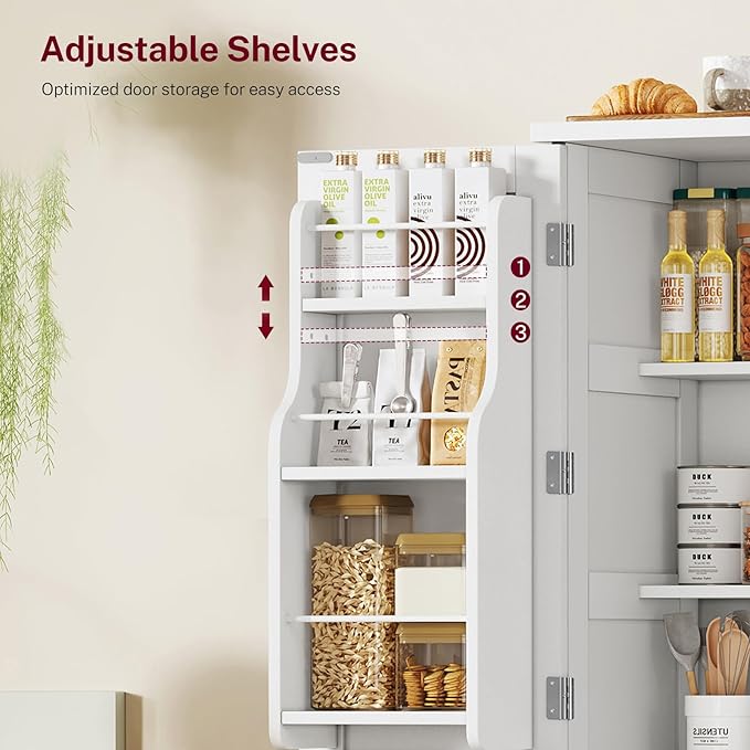 51" H Pantry Cabinet with 4 Doors, Kitchen Cabinet with 6 Door Shelves, Storage Cabinet for Living Room, Dining Room, Bathroom, White