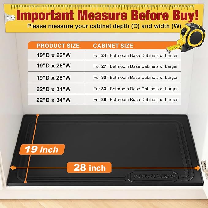 Under Sink Mat 28 X 19, Waterproof Silicone Cabinet Kitchen Liner, Black | BPA-Free Raised-Edge Cabinet Protector & Leak Tray for Bathroom Cabinets, Boots, Pet Feeding Dog & Cat Mats, Dishwasher Safe
