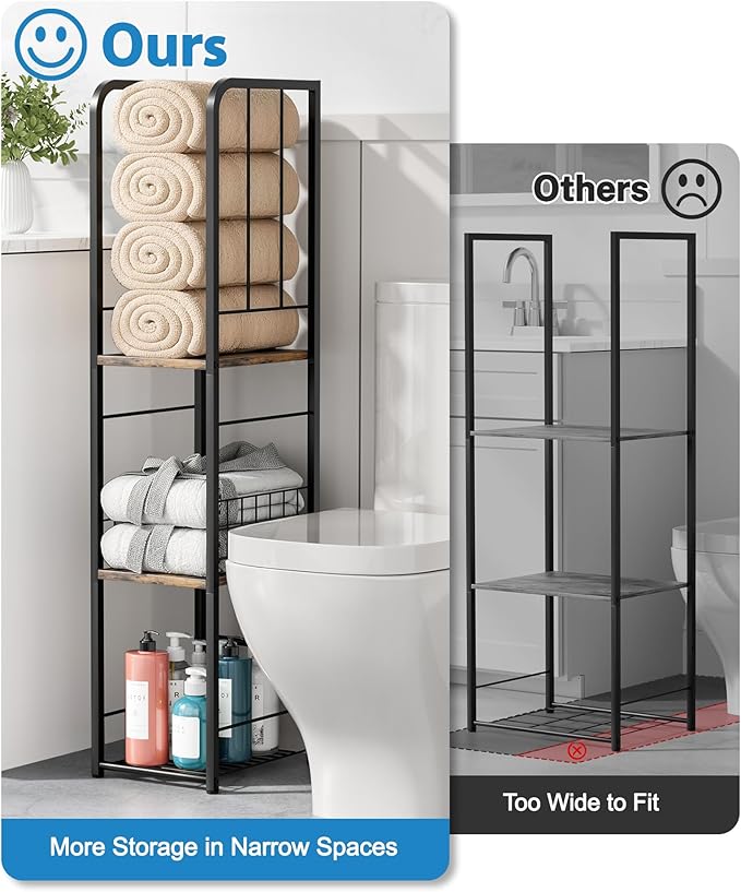 KIMBORA Narrow Towel Storage for Bathroom, 3-Tier Free Standing Bathroom Towel Rack Organizer with Shelf for Small Bath, Pool, Brown