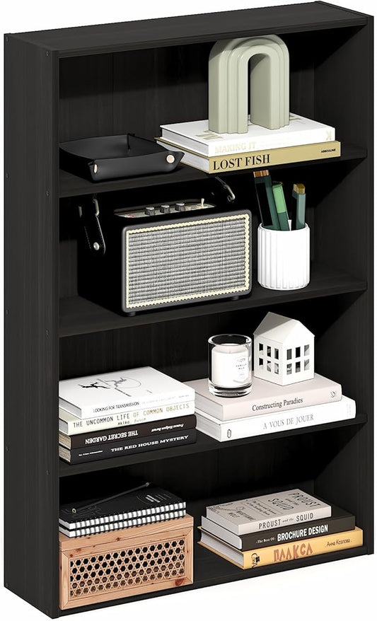 Furinno Basic Book Shelf, 4-Tier Bookcase with Open Shelf, Bookshelf, Cube Storage Organizer, 6 x 24 x 35, for Living Room, Bedroom, Home Office, Espresso