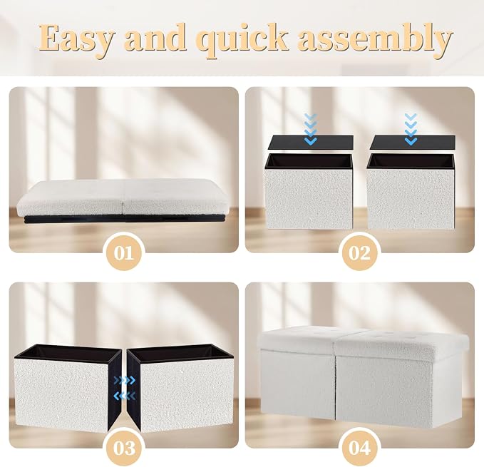 Bsketa Storage Ottoman Bench, 34" Folding Velvet Foot Rest Stool, White | Large Ottoman with Storage, Thicker Foam Padded Seat, Livingroom, Dorm, Bedroom, Easy to install, 86L,34 x 13 x 13in