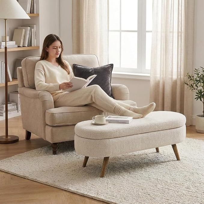 43.5” Storage Ottoman Bench，Upholstered Oval End of Bed Bench for Bedroom | Modern Linen Ottoman with Storage, Entryway Foot Rest with Wooden Legs, Lift-Top Lid with Safety Hinge, Living Room, Beige