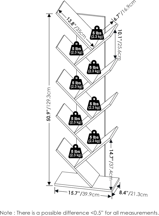 Furinno TREE Book Shelf, 9-Tier Bookshelf, Tree Bookcase with Angled Open Shelf, 8.4 x 15.7 x 50.9, for Room Decor, for Living Room, Bedroom, Home Office, White