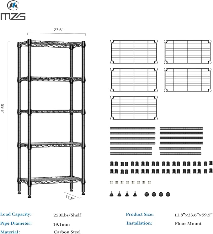 M MZG 1250 lbs 5 Tier Shelf Metal Storage Shelves Wire Rack Closet Organizers for Garage Kitchen Bathroom Laundry Black 11.8" D x 23.6" W x 59.5" H