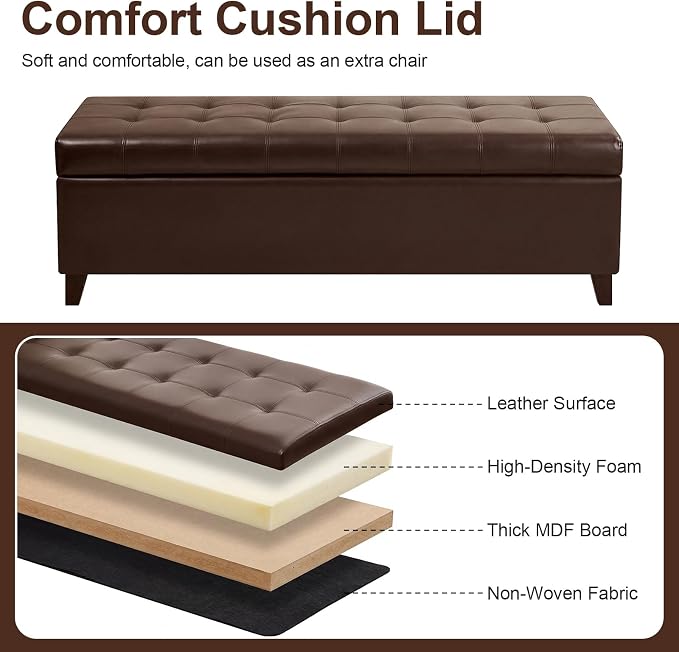 51" Dark Brown Leather Storage Ottoman for Living Room | End of Bed Storage Ottoman Bench, Faux Leather Upholstered Ottomans with Hinged Lid, Rectangle Bench for Entryway&Bedroom