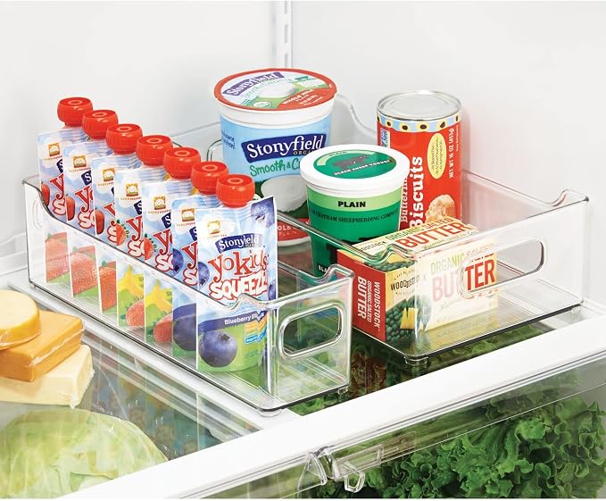 mDesign Wide Plastic Kitchen Storage Container Bins with Handles -Organization in Pantry, Cabinet, Refrigerator or Freezer Shelves - Food Organizer for Fruit, Yogurt, Squeeze Pouches - 2 Pack - Clear