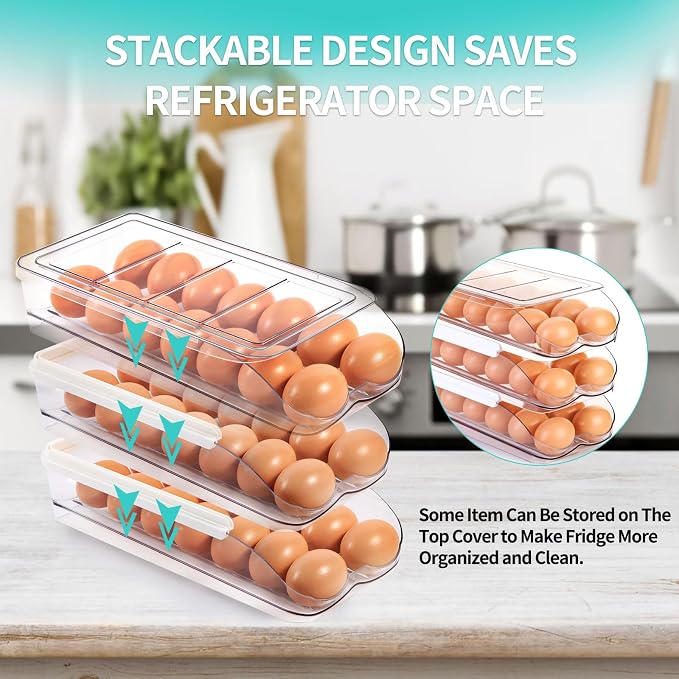 RoskDeewat Egg Holder for Fridge, Automatic Rolling Egg Container -1 Tier | Stackable Fridge Organizers and Storage with Lid, Sturdy Clear Plastic Egg Dispenser & Tray for Refrigerator