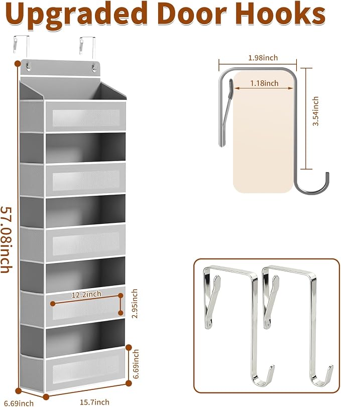 AQOOA 5-Tier Over The Door Organizer 44 lbs Capacity fit Standard Doors | Over the Door Storage 5 Large 10 Side Pockets, Closet Door Organizer Hanging Shelf for Closet Bathroom Bedroom Nursery, Grey