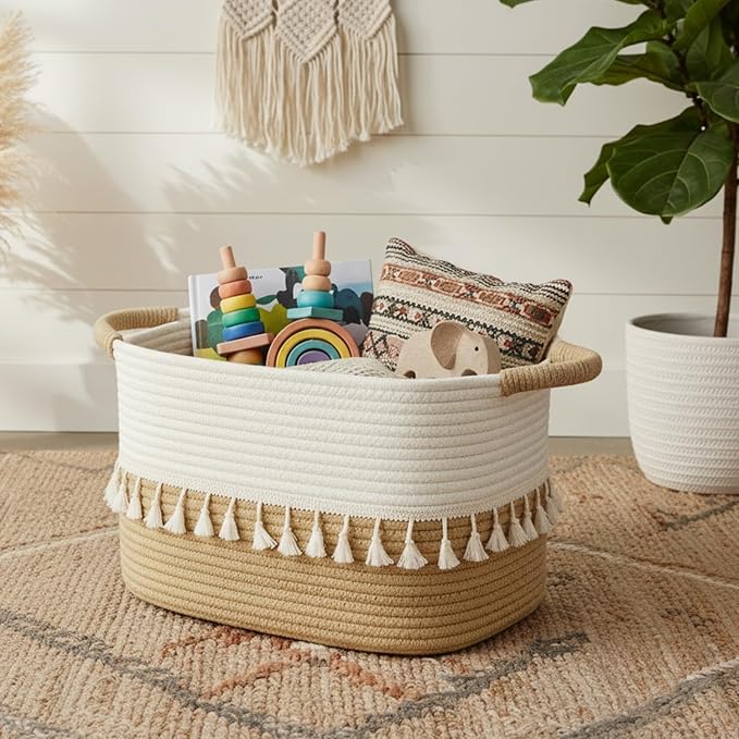 TeoKJ Woven Storage Bin Set of 3, Cotton Rope Basket for Storage, Clothes Boho Basket Bin for Organizing, Fabric Basket for Books, Plants, Pet Treats, White & Jute