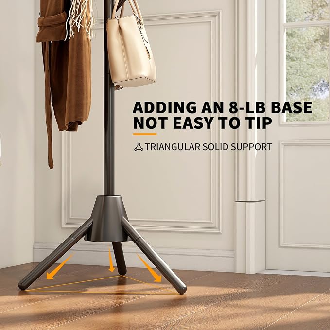 Heavy Duty Anti-Tip Coat Rack with 8LB Stable Weighted Base, [80LB Load Tested] Metal Standing Tree with 8 Hooks, 3-Height Adjustable Space Saving Clothes Organizer for Entryway, Bedroom, Office