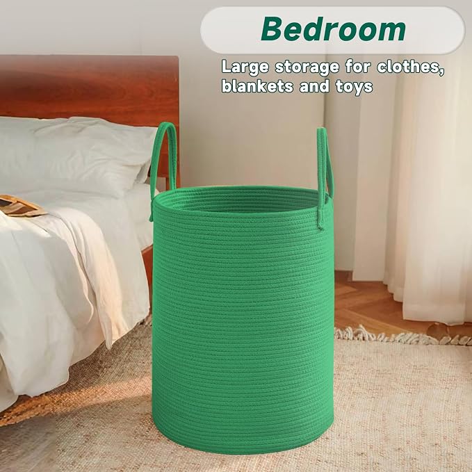 JMvicyroam 60L Cotton Rope Laundry Basket Hamper, Dark Green | Collapsible laundry basket, reinforced handles, freestanding, machine washable, holds 3-5 thick blankets, clothes or toys