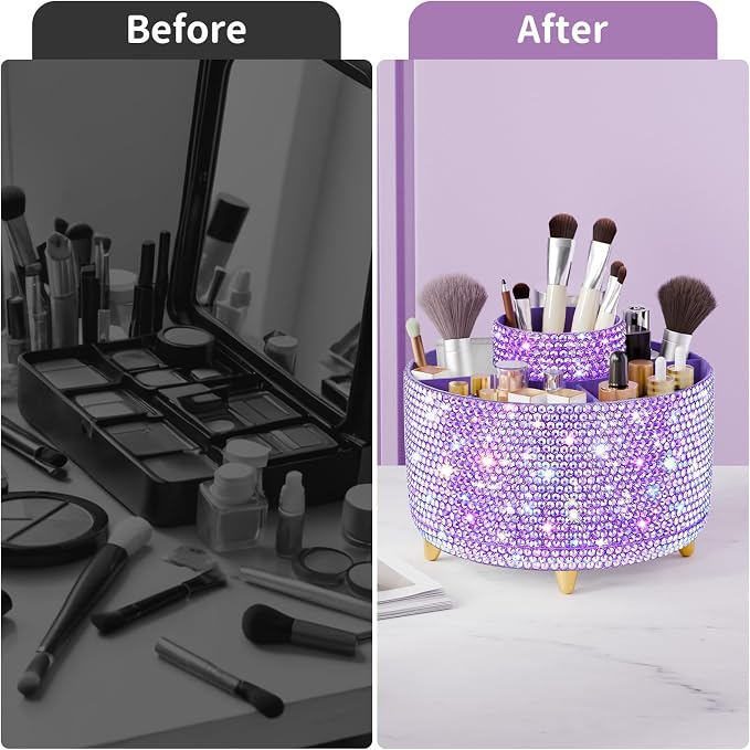 fanado Bling 360° Rotate Makeup Brush Holder Organizer, Makeup Organizers Countertop, Makeup organization and Skincare Storage for Vanity, Gift for Women Girls (Bling dz-Purple)