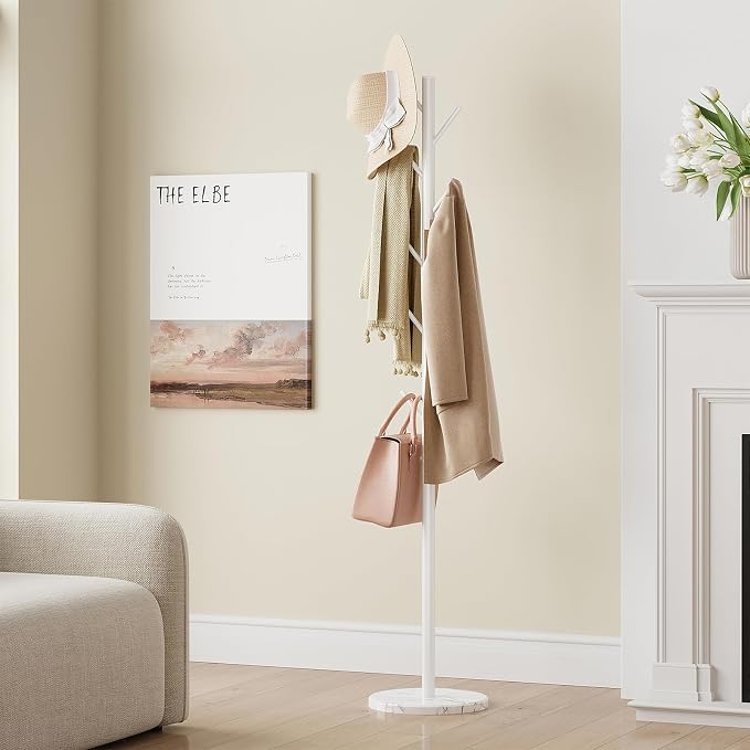 Coat Rack Freestanding, Metal Coat Rack with Natural Marble Base, White | 10 Hooks, 3 Adjustable Heights, Heavy Duty Coat Tree for Bags, Clothes, and Hats for Entryway, Bedroom, Hallway, Office