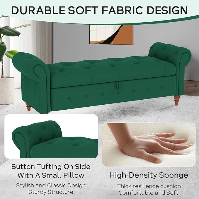 NIOIIKIT 63'' Storage Ottoman Bench Tufted Entryway Bench Dark Green Velvet | Button Tufted End of Bed, Large Storage Space, Rolled Armed Ottoman Couch Long Bench for Bedroom, Living Room, Hallway