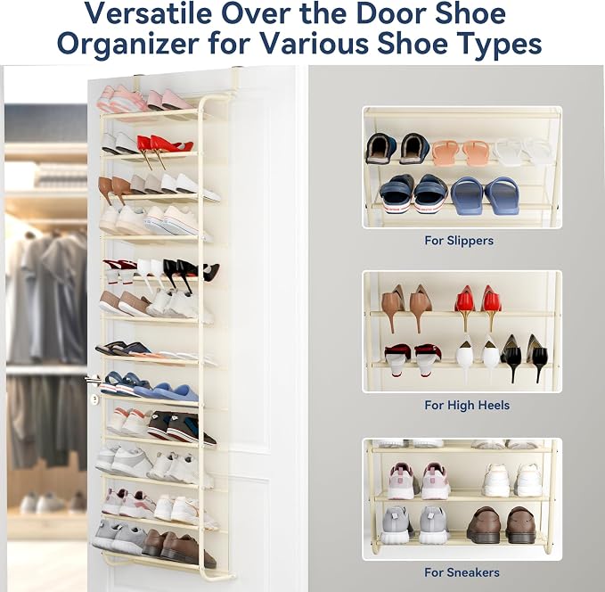 Whitmor 36 Pair Over The Door Shoe Organizer, 12 Tier Hanging Shoe Organizer, Heavy Duty Metal & Mesh Shoe Holder, Hanging Shoe Rack for Closet Organizer & Storage, 74"H x 21.7"W x 7.5"D, Beige