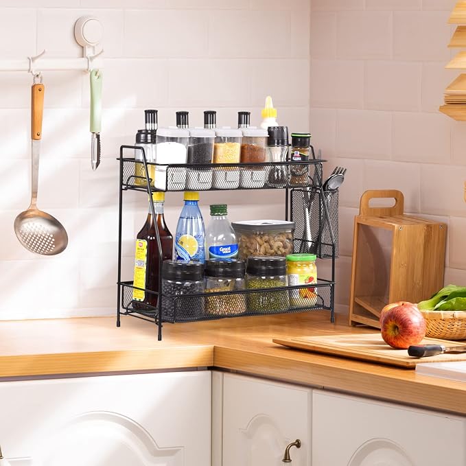 Large Countertop Organizer for Bathroom Counter, Bathroom Organizers and Storage, Under Sink Organizer Spice Rack Organizer for Kitchen with Basket(Black)