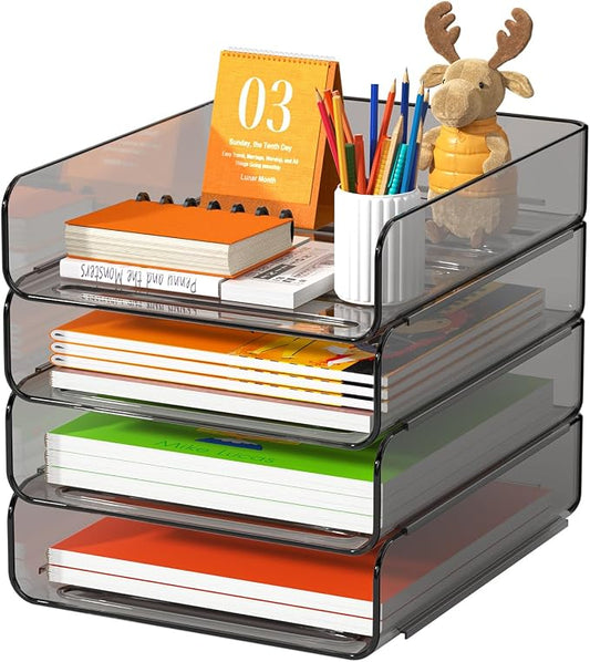 FANXIYQ 4-Tier Acrylic Paper Tray Organizer, Brown Office Paper Organizer | Stackable, Tool-Free Design with 2-4 Tiers for A4 Paper, Files, Books and Mail; Ideal for School, Home Office and Study Room