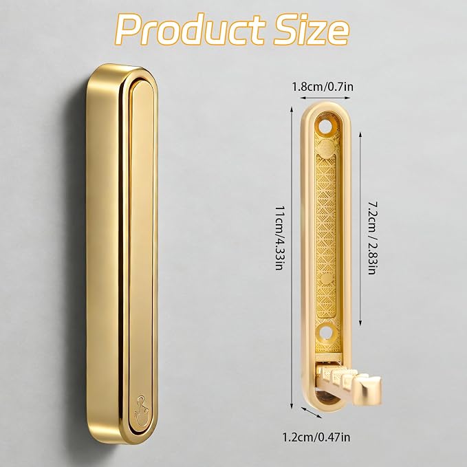 4.33 in Extended Folding Coat Hooks, 2 Pack Gold Wall Hooks, Zinc Alloy | 90° Foldable Design, Wall Mounted, Zinc Alloy, Flip-Down Design, Includes Screws And Anchors, For Bedroom, Entryway, Closet