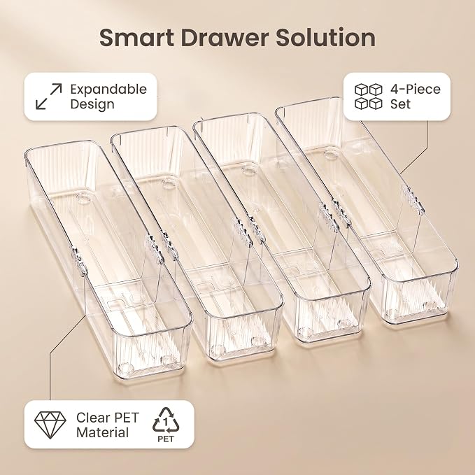 4-Pack Expandable Utensil Drawer Organizer | Clear Plastic Adjustable Storage Trays for Kitchen cutlery, silverware, Refrigerator, Cabinet & Pantry