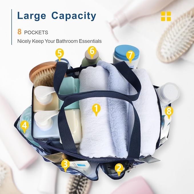 Mesh Shower Caddy Portable - 8 Pockets, S-Hook, Shower Bag for Dorm Camping | 2-Handle, Quick-Dry, Toiletry Organizer, College Dorm Room Essentials for Girls, Gym, Travel & Bathroom, Blue Camouflage