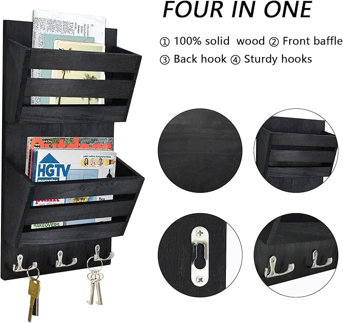 Unistyle Rustic Mail Organizer Wall Mount with 4 Key Hooks,Mail Holder Wall Mounted，Hanging Mail Organizer,Letter Holder for Wall,Key Hanger for Letter, Magazines, Keys, Dog Leashes