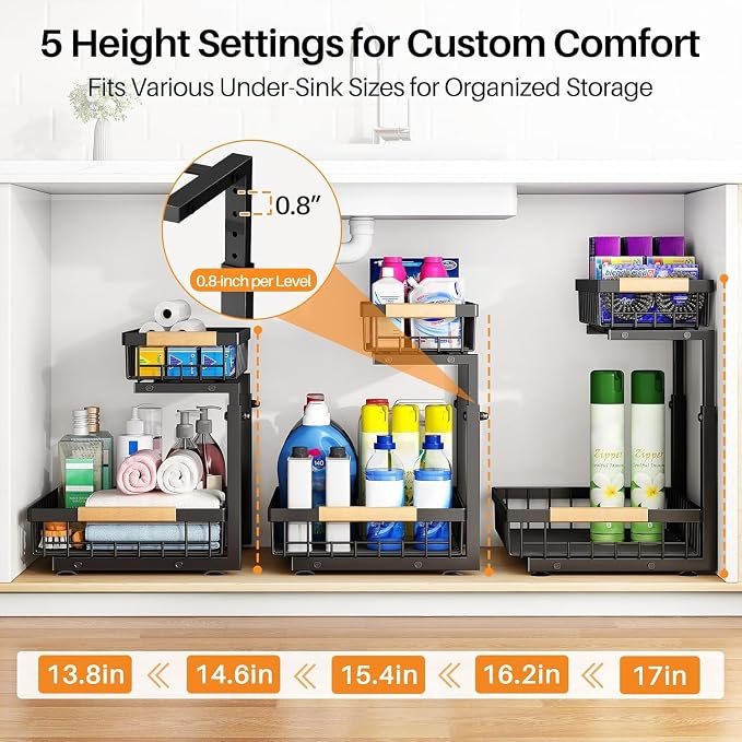 PXRACK Under Sink Organizer, Adjustable Height, 2 Tier Pull Out Under Cabinet Organizer, Slide Out Thickened Metal Under Sink Storage for Kitchen Bathroom Laundry Pantry Cabinet, Black, Small-1-Pack