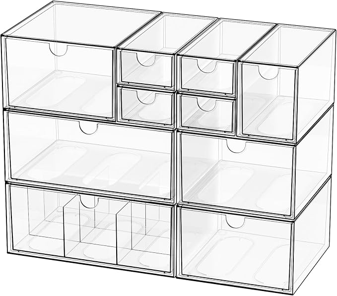 Clear 10-Drawer Stackable Desk Organizer Storage Set | Unique nine-grid drawer, Acrylic, Separate drawers, Dustproof, Easy to clean, for Office supplies, Pens, Jewelry, Makeup