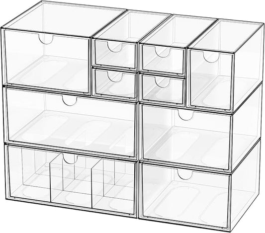 Clear 10-Drawer Stackable Desk Organizer Storage Set | Unique nine-grid drawer, Acrylic, Separate drawers, Dustproof, Easy to clean, for Office supplies, Pens, Jewelry, Makeup