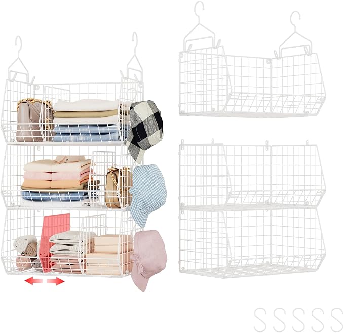 3 Tier Extra Large Closet Hanging Shelves with Divider, 16.5"L x 11.8"W x 33.6"H Closets Organizers and Storage with 5 S Hooks, Clothes Organizer for Sweaters Shoes Handbags Clutches Accessories-White