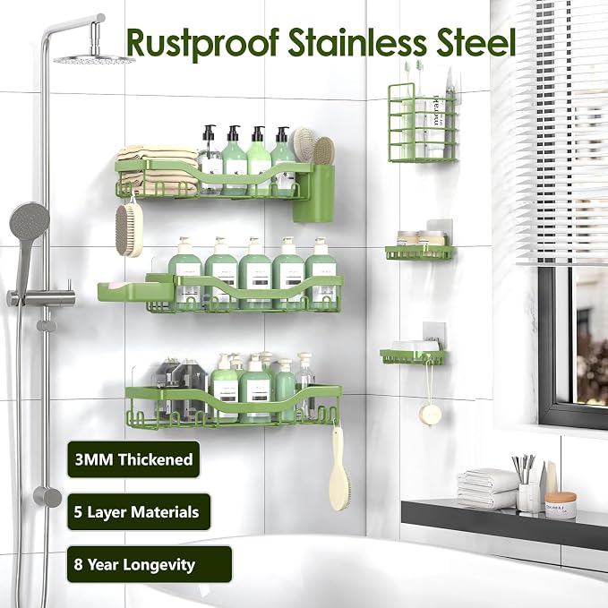 NESOMI Shower Caddy Adhesive Shower Organizer 8-Pack, Rustproof Stainless Steel Bathroom Shelves, Large Capacity No-Drill Rack Storage Accessories with Soap Dish Toothbrush Holder Hooks