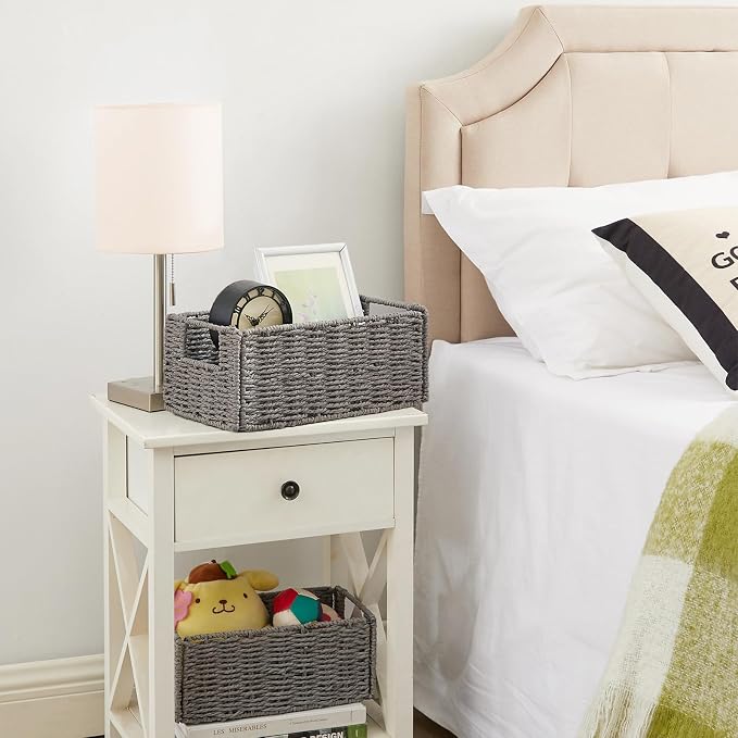 Vagusicc Wicker Storage Basket, Set of 2 Hand-Woven Paper Rope Wicker Basket, Small Storage Baskets for Organizing Toilet Paper, Foldable Large Cube Storage Organizer Bins for Shelves (Grey)