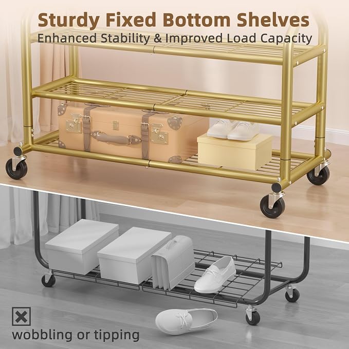 EAGMAK Heavy Duty Clothes Rack Load 688 LBS, Rolling Clothing Rack With 3 Shelves, Adjustable Metal Clothes Hanger with Wheels Portable Wardrobe Organizer Garment Rod for Hanging Clothes (Gold)