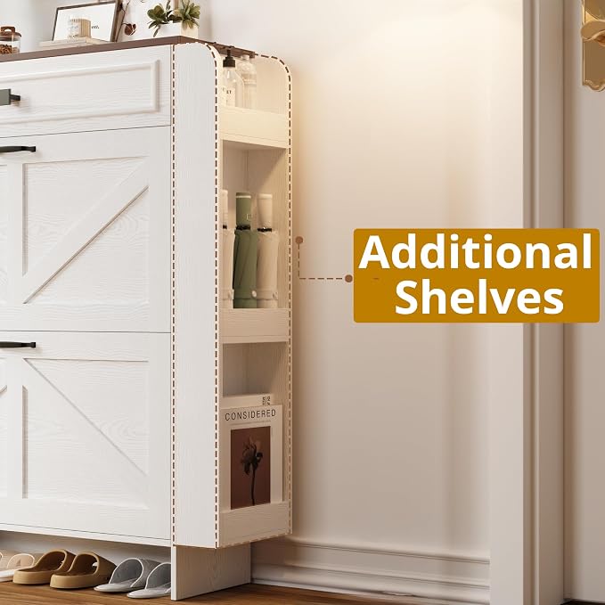 IRONCK Shoe Storage Cabinet with 2 Flip Drawers & Barn Door, White/Walnut | Freestanding Shoe Cabinet Organizer with Drawer and Shelves for Entryway, Farmhouse Shoe Rack Cabinet