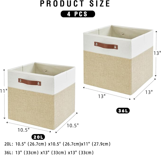 Bagnizer Collapsible Fabric Storage Cube Bins with 2 Reinforced PU Handles, Foldable Storage Organizer Baskets for Closet, Shelves, Living Room | 13"x13"x13", 4 Pack, Beige & White