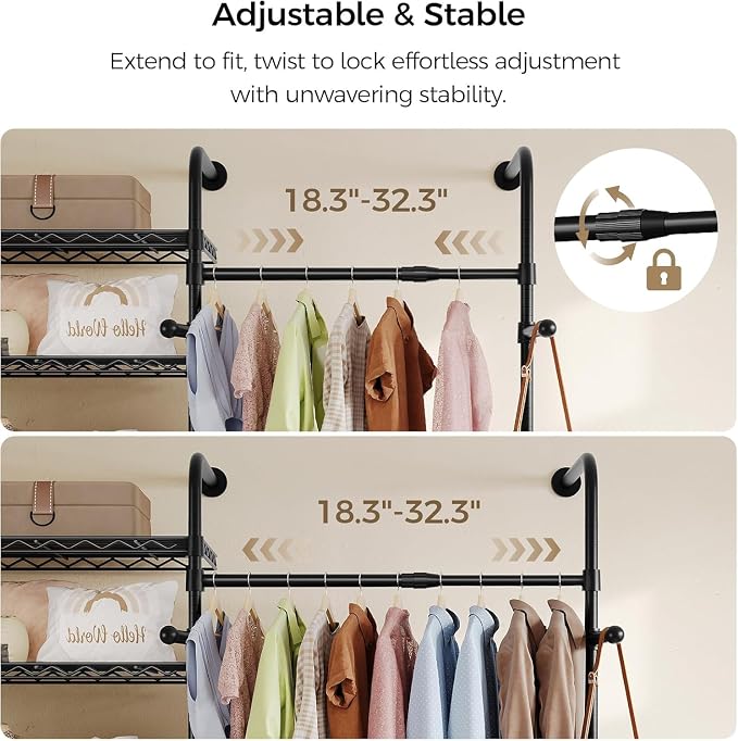 Closet Organizers and Storage, 5-Row Heavy Duty Clothes Rack for Hanging Clothes, Wall Mounted Closet System with 4 Telescopic Rods, 3 Fixed Rods, 6 Hooks, 8 Shelves for Wardrobe, Bedroom, Small Space