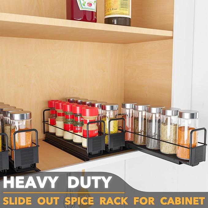 SpaceAid Pull Out Spice Rack Organizer for Cabinet, Heavy Duty Slide Out Seasoning Kitchen Organizer, Cabinet Organizer, with Labels, 7.7" W x10.75 D x4 H, 3 Drawers 1-Tier