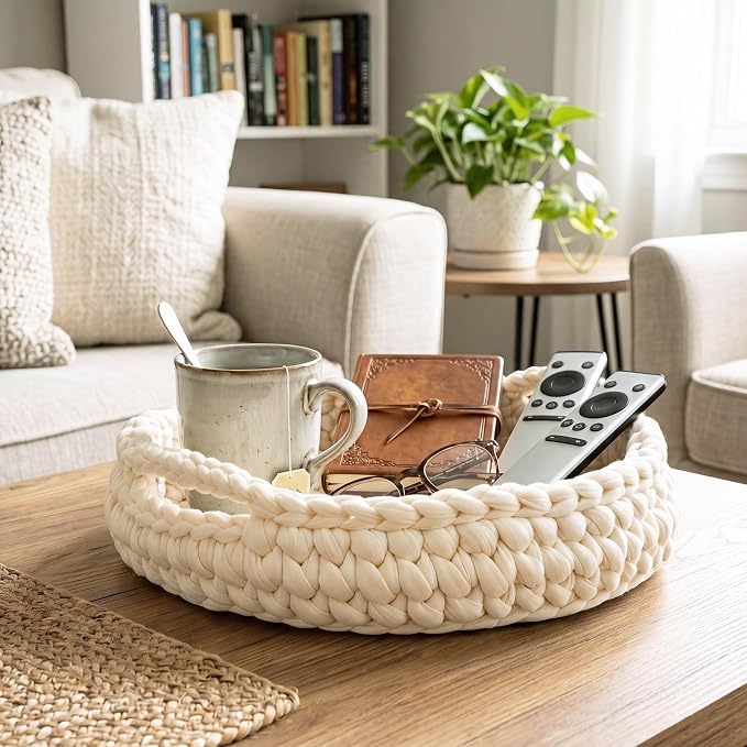 Crochet Serving Tray with Handle 12 Inch Handmade Knitted Woven Tray Round Rattan Basket Woven Cotton Rope Basket Boho Organizer Decorative Beige Macrame Decor for Farmhouse Storage Table