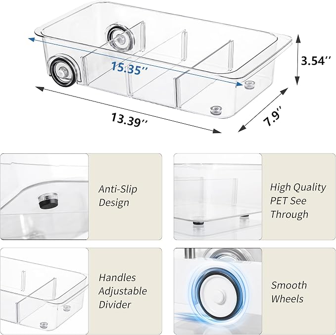 Roll-Out Refrigerator Organizers and Storage, 3 Pack Drawer Fridge Bins | Adjustable Dividers, Custom Compartments, Silicone Wheels, Smooth Sliding on Glass Shelves, Thick Plastic, Built-In Handle