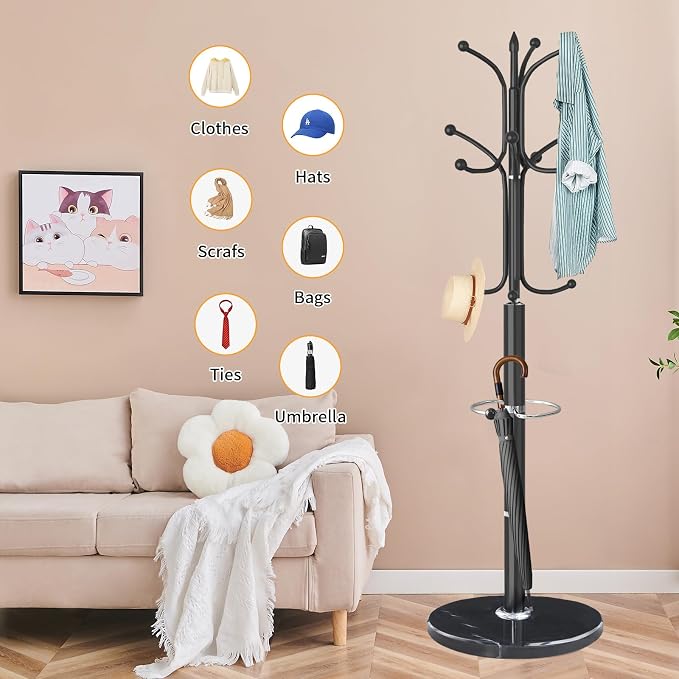 ZOZOE Metal Coat Rack Stand, Modern Coat Rack Freestanding with Natural Marble Base, Sturdy Coat Racks with 12 Hooks & Umbrella Holder,Black Coat Tree Hanger Stand for Bags,Hats,Entryway,Office
