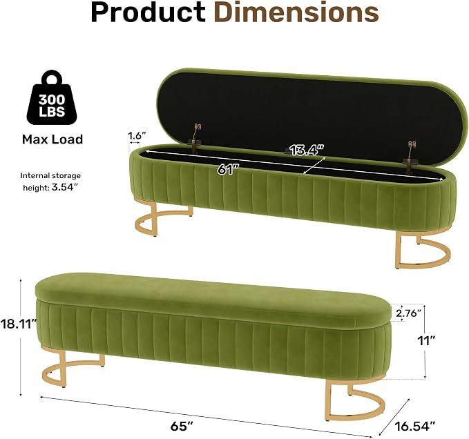 65" Velvet Storage Ottoman Bench End of Bed for Bedroom Entryway Light Green