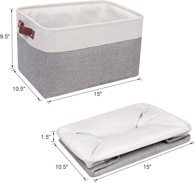 Univivi Fabric Storage Baskets for Shelves,15X10.5X9.5 Inch,Gray,4 Pack | Large Capacity,Metal Frame,Hard Cardboard Bottom,Foldable,Linen Closet Baskets with PU Handles