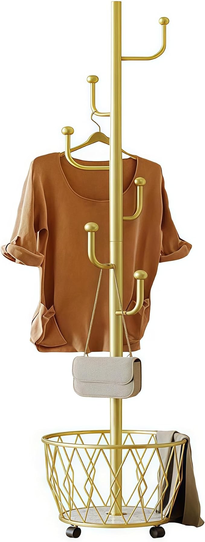 Gold Moveable Cactus Metal Coat Rack with Basket Freestanding 65inch | Modern Organizer for Scarf Jacket Hat Bags Ideal for Home Entryway Bedroom Corner Stable