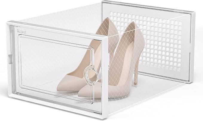 Kuject X-Large Shoe Storage Boxes 12 Pack, Clear Stackable Shoe Organizer | Shoe Case for Closet, Entryway & Under-Bed Storage, Drop-Front Design, Space-Saving Solution for Family Organization,White