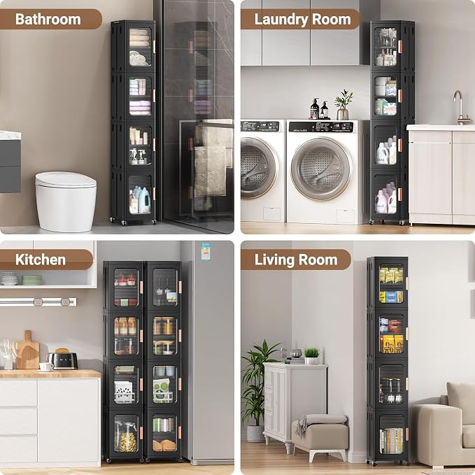 BROVIEW 1-Tier Tall Narrow Storage Cabinet Organizer, Slim Bathroom Cabinets with Adjustable Shelves and Door, Plastic Kitchen Pantry Organizers and Storages for Small Space, Laundry, Black