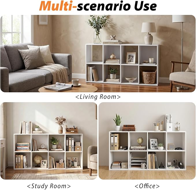 WannabeMyself【Sturdy Build&Easy Assembly】 8 Cube Storage Organizer with Anti-Tipping Kits,Reversible Open Back Book Shelf, Bookcase for Living Room,Bedroom,Entrance Hall,Office,24.1×11.4×47.7,White